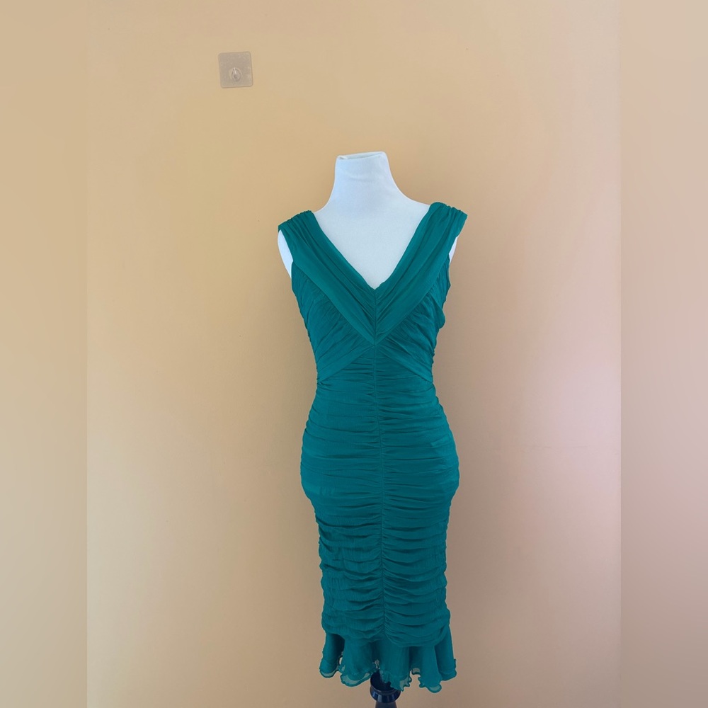 Emerald green Todashi 100% silk Ruched V-Neck Women's Dress elegant cocktail sz4